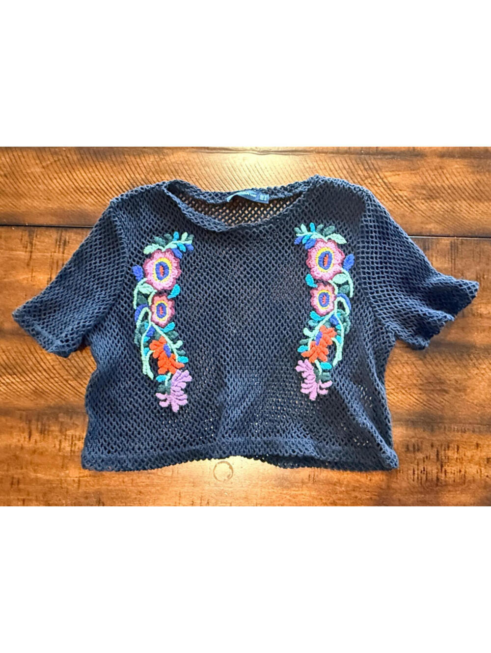 Zara Knit Embroidered Fishnet Crop Top - Floral Embroidery - Size Medium